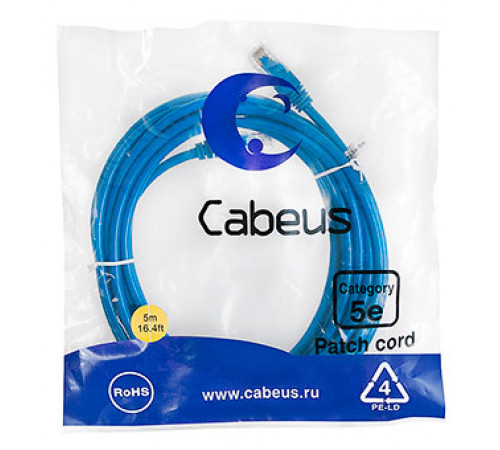 Cabeus PC-UTP-RJ45-Cat.5e-5m-BL-LSZH Патч-корд U/UTP, категория 5е, 2xRJ45/8p8c, неэкранированный, синий, LSZH, 5м