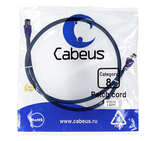 Cabeus PC-SSTP-RJ45-Cat.8-1m-LSZH Патч-корд S/FTP, категория 8 (40G, 2000 MHz), 2xRJ45/8p8c, экранированный, синий, LSZH, 1 м