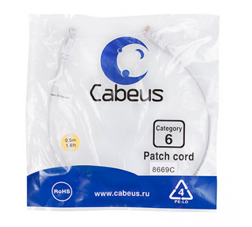 Cabeus PC-UTP-RJ45-Cat.6-0.5m-WH Патч-корд U/UTP, категория 6, 2xRJ45/8p8c, неэкранированный, белый, PVC, 0.5м