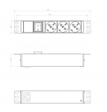 SHE10-3SH-S-IEC Блок розеток для 10'; шкафов, горизонтальный, 3 розетки Schuko, выключатель с подсветкой, без кабеля питания, входной разъем IEC320 C1