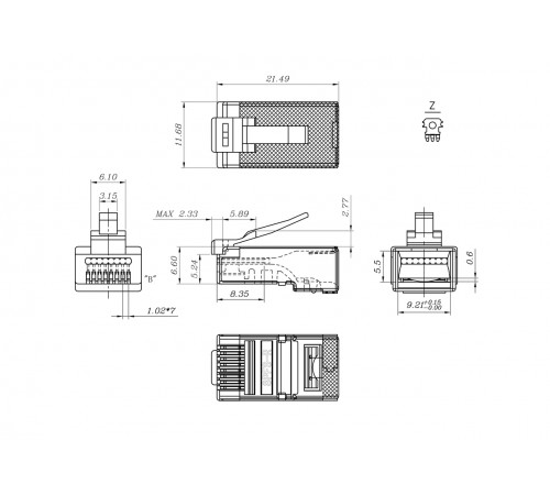 PLEZ-8P8C-U-C5-SH-100 Разъем легкой оконцовки RJ-45 (8P8C) под витую пару, категория 5e (50 µ"/ 50 микродюймов), экранированный, универсальный (для од