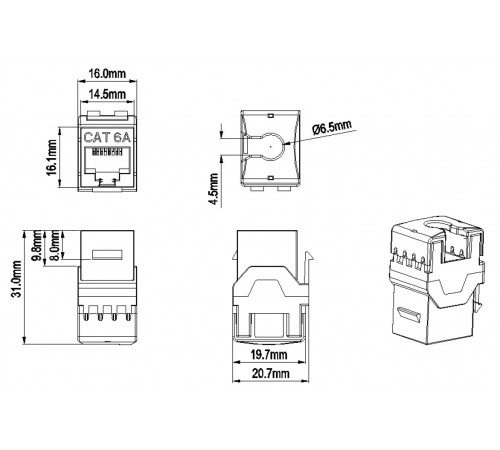 KJ8-8P8C-C6A-180-BK Вставка Keystone Jack RJ-45(8P8C), категория 6a (10G), тип 180 градусов, черная Hyperline