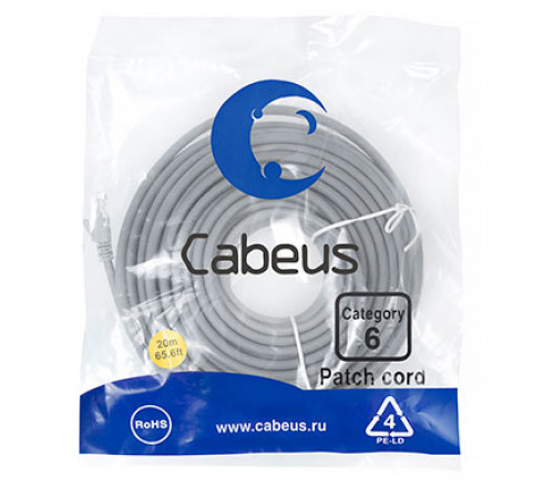 Cabeus PC-UTP-RJ45-Cat.6-20m Патч-корд U/UTP, категория 6, 2xRJ45/8p8c, неэкранированный, серый, PVC, 20м