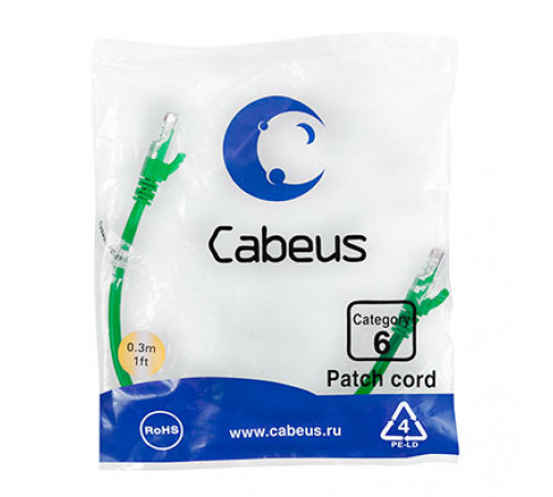 Cabeus PC-UTP-RJ45-Cat.6-0.3m-GN Патч-корд U/UTP, категория 6, 2xRJ45/8p8c, неэкранированный, зеленый, PVC, 0.3м