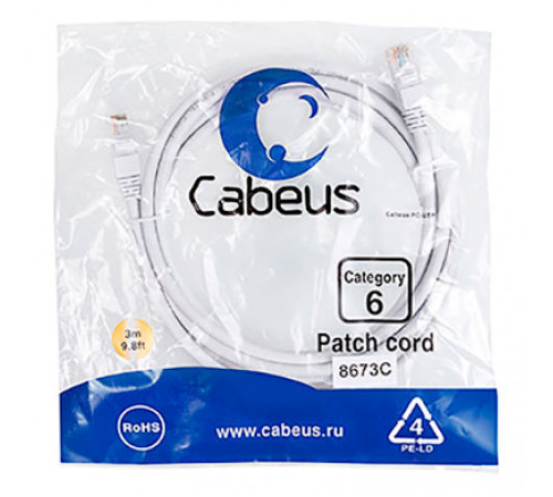 Cabeus PC-UTP-RJ45-Cat.6-3m-WH Патч-корд U/UTP, категория 6, 2xRJ45/8p8c, неэкранированный, белый, PVC, 3м