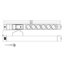 SHT19-6SH-B-2.5EU Блок розеток для 19" шкафов, горизонтальный, с автоматическим выключателем, 6 розеток Schuko (16A), кабель питания 2.5 м с вилкой Sc