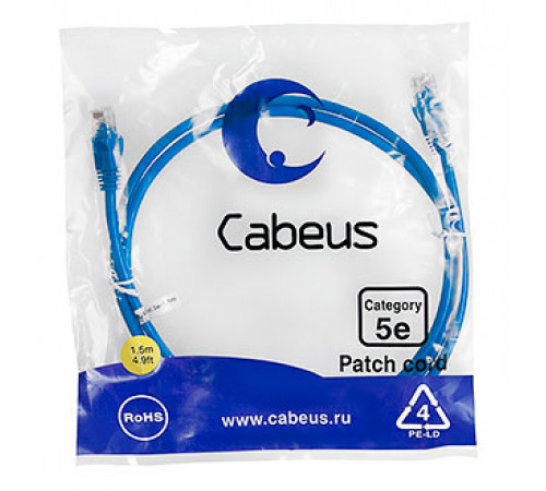 Cabeus PC-UTP-RJ45-Cat.5e-1.5m-BL-LSZH Патч-корд U/UTP, категория 5е, 2xRJ45/8p8c, неэкранированный, синий, LSZH, 1.5м