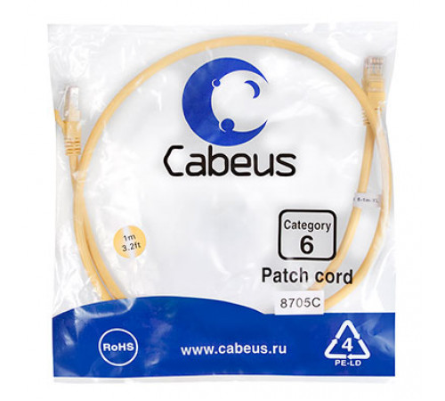 Cabeus PC-UTP-RJ45-Cat.6-1m-YL Патч-корд U/UTP, категория 6, 2xRJ45/8p8c, неэкранированный, желтый, PVC, 1м