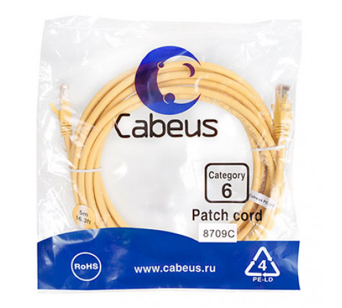 Cabeus PC-UTP-RJ45-Cat.6-5m-YL Патч-корд U/UTP, категория 6, 2xRJ45/8p8c, неэкранированный, желтый, PVC, 5м