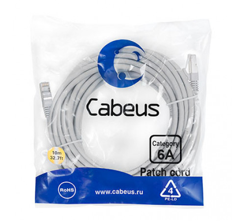 Cabeus PC-SSTP-RJ45-Cat.6a-10m-LSZH Патч-корд S/FTP, категория 6а (10G), 2xRJ45/8p8c, экранированный, серый, LSZH, 10м