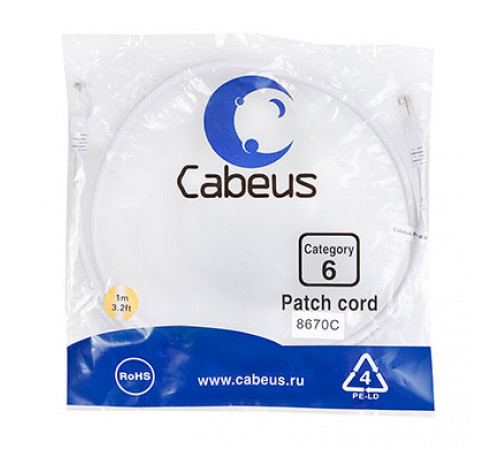 Cabeus PC-UTP-RJ45-Cat.6-1m-WH Патч-корд U/UTP, категория 6, 2xRJ45/8p8c, неэкранированный, белый, PVC, 1м