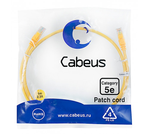 Cabeus PC-UTP-RJ45-Cat.5e-1m-YL Патч-корд U/UTP, категория 5е, 2xRJ45/8p8c, неэкранированный, желтый, PVC, 1м