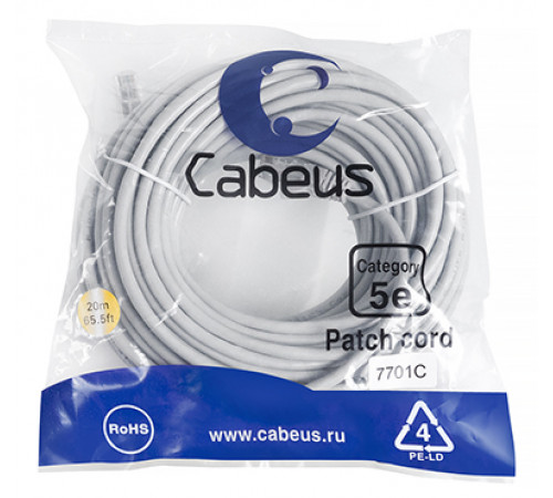 Cabeus PC-UTP-RJ45-Cat.5e-20m Патч-корд U/UTP, категория 5е, 2xRJ45/8p8c, неэкранированный, серый, PVC, 20м