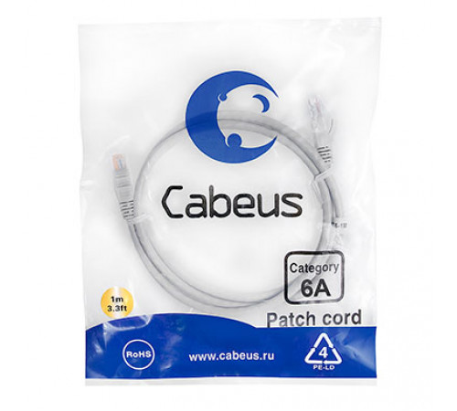 Cabeus PC-UTP-RJ45-Cat.6a-1m-LSZH Патч-корд U/UTP, категория 6а (10G), 2xRJ45/8p8c, неэкранированный, серый, LSZH, 1м