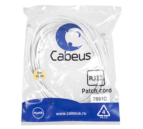 Cabeus PC-TEL-RJ12-5m Патч-корд телефонный 2х6р4с, белый, PVC, 5 м