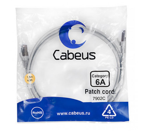 Cabeus PC-SSTP-RJ45-Cat.6a-1.5m-LSZH Патч-корд S/FTP, категория 6а (10G), 2xRJ45/8p8c, экранированный, серый, LSZH, 1.5м