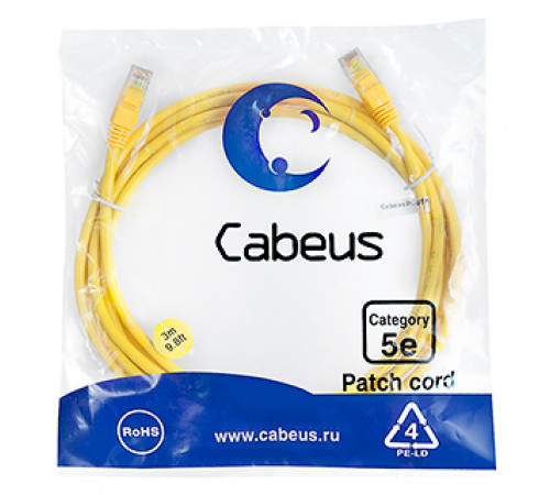 Cabeus PC-UTP-RJ45-Cat.5e-3m-YL-LSZH Патч-корд U/UTP, категория 5е, 2xRJ45/8p8c, неэкранированный, желтый, LSZH, 3м