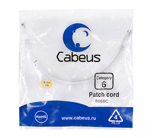 Cabeus PC-UTP-RJ45-Cat.6-0.3m-WH Патч-корд U/UTP, категория 6, 2xRJ45/8p8c, неэкранированный, белый, PVC, 0.3м