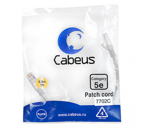 Cabeus PC-FTP-RJ45-Cat.5e-0.3m Патч-корд F/UTP, категория 5е, 2xRJ45/8p8c, экранированный, серый, PVC, 0.3м PC-FTP-RJ45-Cat.5e-0.3m