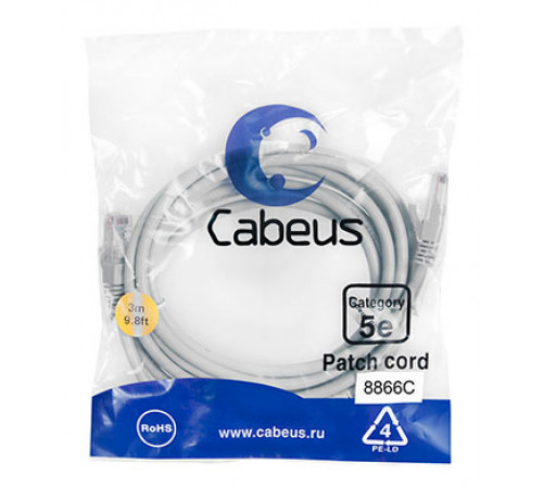 Cabeus PC-UTP-RJ45-Cat.5e-3m-LSZH Патч-корд U/UTP, категория 5е, 2xRJ45/8p8c, неэкранированный, серый, LSZH, 3м