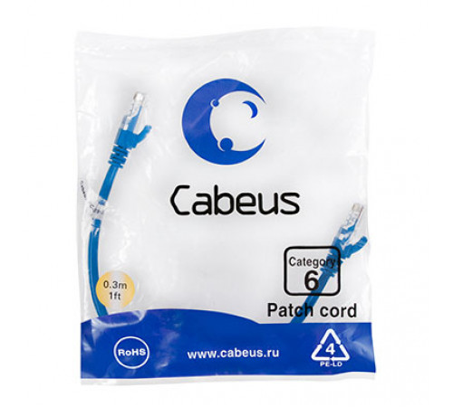 Cabeus PC-UTP-RJ45-Cat.6-0.3m-BL Патч-корд U/UTP, категория 6, 2xRJ45/8p8c, неэкранированный, синий, PVC, 0.3м