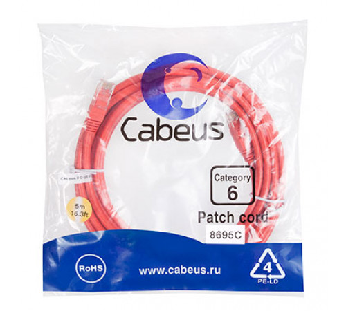 Cabeus PC-UTP-RJ45-Cat.6-5m-RD Патч-корд U/UTP, категория 6, 2xRJ45/8p8c, неэкранированный, красный, PVC, 5м