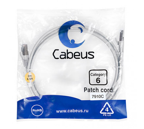 Cabeus PC-FTP-RJ45-Cat.6-2m-LSZH Патч-корд F/UTP, категория 6, 2xRJ45/8p8c, экранированный, серый, LSZH, 2м