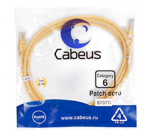 Cabeus PC-UTP-RJ45-Cat.6-2m-YL Патч-корд U/UTP, категория 6, 2xRJ45/8p8c, неэкранированный, желтый, PVC, 2м