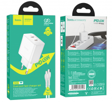 Блок питания (сетевой адаптер) HOCO N35 Streamer dual-port PD45W(2 Type-С)+Lightning 1м,белый