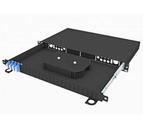 Кросс оптический стоечный выдвижной 19", 16 LC/UPC адаптеров, одномодовый, 1U, черный, укомплектованный, TopLAN