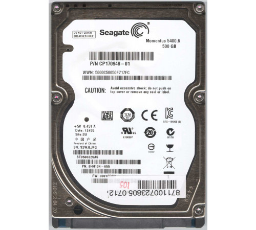 Жесткий диск HDD, 2.5", 500 Гб, SATA III, Seagate, Momentus Thin, 8 Мб, 5400 rpm