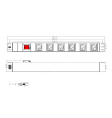 SHT19-6IEC-S-2.5IEC Блок розеток для 19'; шкафов, горизонтальный, 6 розеток IEC320 C13, выключатель с подсветкой, кабель питания 2.5м (3х1.0мм2) с вил