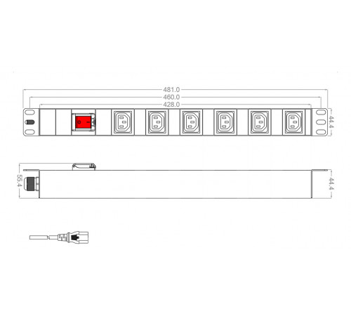 SHT19-6IEC-S-2.5IEC Блок розеток для 19'; шкафов, горизонтальный, 6 розеток IEC320 C13, выключатель с подсветкой, кабель питания 2.5м (3х1.0мм2) с вил