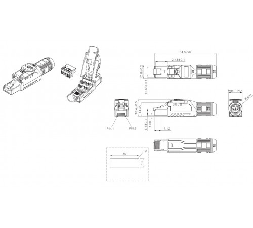 PLUE-8P8C-S-C8-SH-BL Разъем полевой оконцовки RJ-45 (8P8C) под витую пару, для одножильного кабеля, toolless, категория 8, экранированный, накручивающ