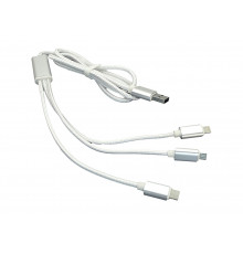 Кабель для зарядки USB (3-в-1)  ( Apple Lightning 8Pin, USB Type-C, USB-Micro) ШНУРОК. 1m. Белый