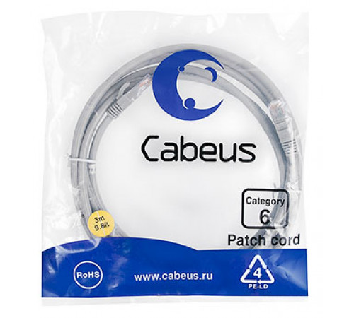 Cabeus PC-UTP-RJ45-Cat.6-3m Патч-корд U/UTP, категория 6, 2xRJ45/8p8c, неэкранированный, серый, PVC, 3м