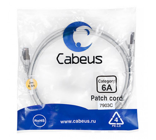 Cabeus PC-SSTP-RJ45-Cat.6a-2m-LSZH Патч-корд S/FTP, категория 6а (10G), 2xRJ45/8p8c, экранированный, серый, LSZH, 2м