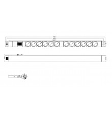 SHT-12SH-S-2.5EU Блок розеток, вертикальный, 12 розеток Schuko, выключатель с подсветкой, кабель питания 2.5м (3х1.5мм2) с вилкой Schuko 16A, 250В, 70