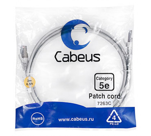 Cabeus PC-FTP-RJ45-Cat.5e-2m Патч-корд F/UTP, категория 5е, 2xRJ45/8p8c, экранированный, серый, PVC, 2м