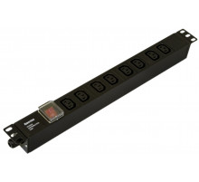 SHE19-8IEC-S-CB Блок розеток для 19'; шкафов, горизонтальный, 8 розеток IEC320 C13, выключатель в подсветкой, без кабеля питания, клеммная колодка 16A