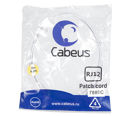 Cabeus PC-TEL-RJ12-2m Патч-корд телефонный 2х6р4с, белый, PVC, 2 м