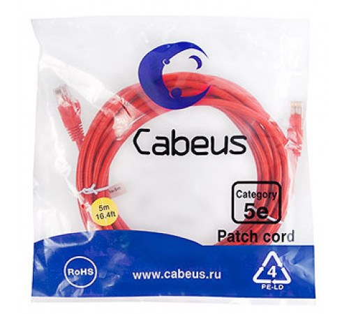 Cabeus PC-UTP-RJ45-Cat.5e-5m-RD-LSZH Патч-корд U/UTP, категория 5е, 2xRJ45/8p8c, неэкранированный, красный, LSZH, 5м