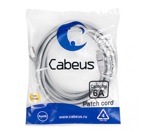 Cabeus PC-SSTP-RJ45-Cat.6a-5m-LSZH Патч-корд S/FTP, категория 6а (10G), 2xRJ45/8p8c, экранированный, серый, LSZH, 5м