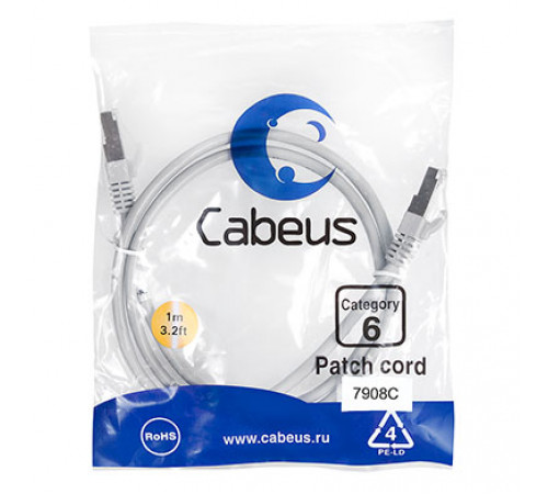 Cabeus PC-FTP-RJ45-Cat.6-1m-LSZH Патч-корд F/UTP, категория 6, 2xRJ45/8p8c, экранированный, серый, LSZH, 1м