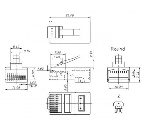 PLUG-10P10C-U-06-10 Разъем RJ-50(10P10C), универсальный (для одножильного и многожильного кабеля), для круглого кабеля, напыление 6µ';/ 6 микродюймов