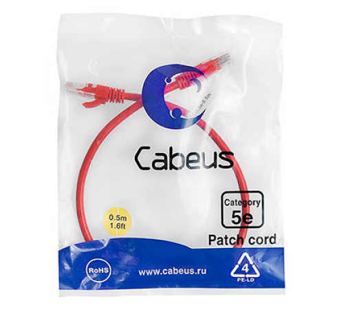 Cabeus PC-UTP-RJ45-Cat.5e-0.5m-RD-LSZH Патч-корд U/UTP, категория 5е, 2xRJ45/8p8c, неэкранированный, красный, LSZH, 0.5м