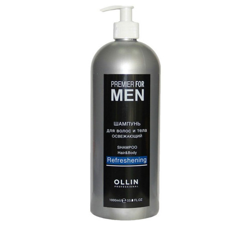 Ollin Шампунь для волос и тела мужской освежающий / Premier For Men, 1000 мл