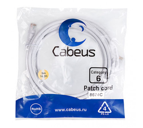 Cabeus PC-UTP-RJ45-Cat.6-5m-WH Патч-корд U/UTP, категория 6, 2xRJ45/8p8c, неэкранированный, белый, PVC, 5м