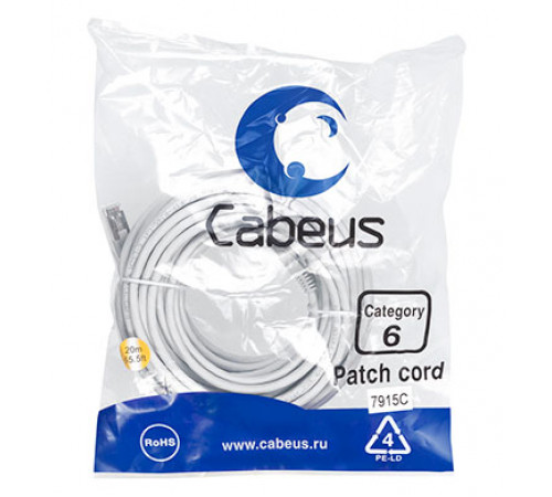 Cabeus PC-FTP-RJ45-Cat.6-20m-LSZH Патч-корд F/UTP, категория 6, 2xRJ45/8p8c, экранированный, серый, LSZH, 20м