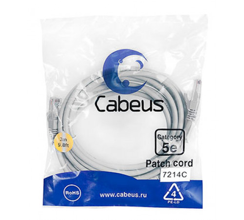 Cabeus PC-UTP-RJ45-Cat.5e-3m Патч-корд U/UTP, категория 5е, 2xRJ45/8p8c, неэкранированный, серый,PVC